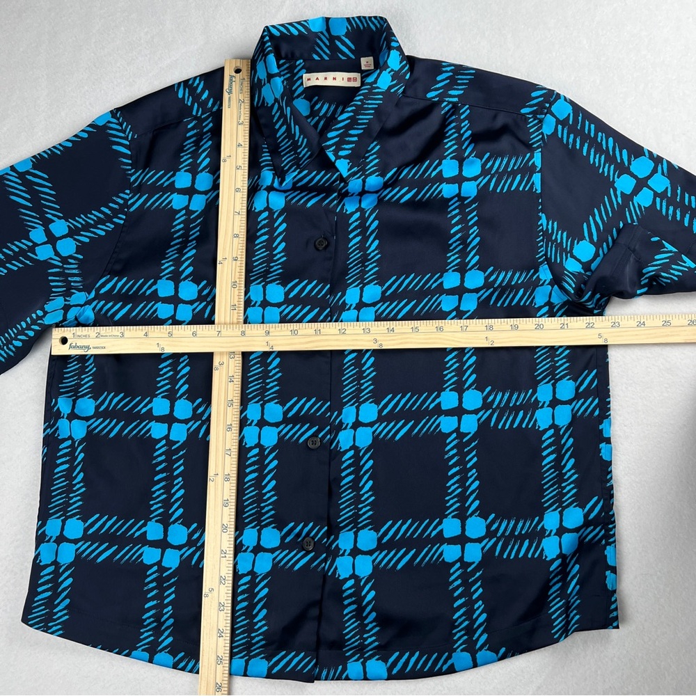 Marni x Uniqlo Women's Oversized Plaid Print Short Sleeve Top Blue Black Medium - Picture 4 of 7